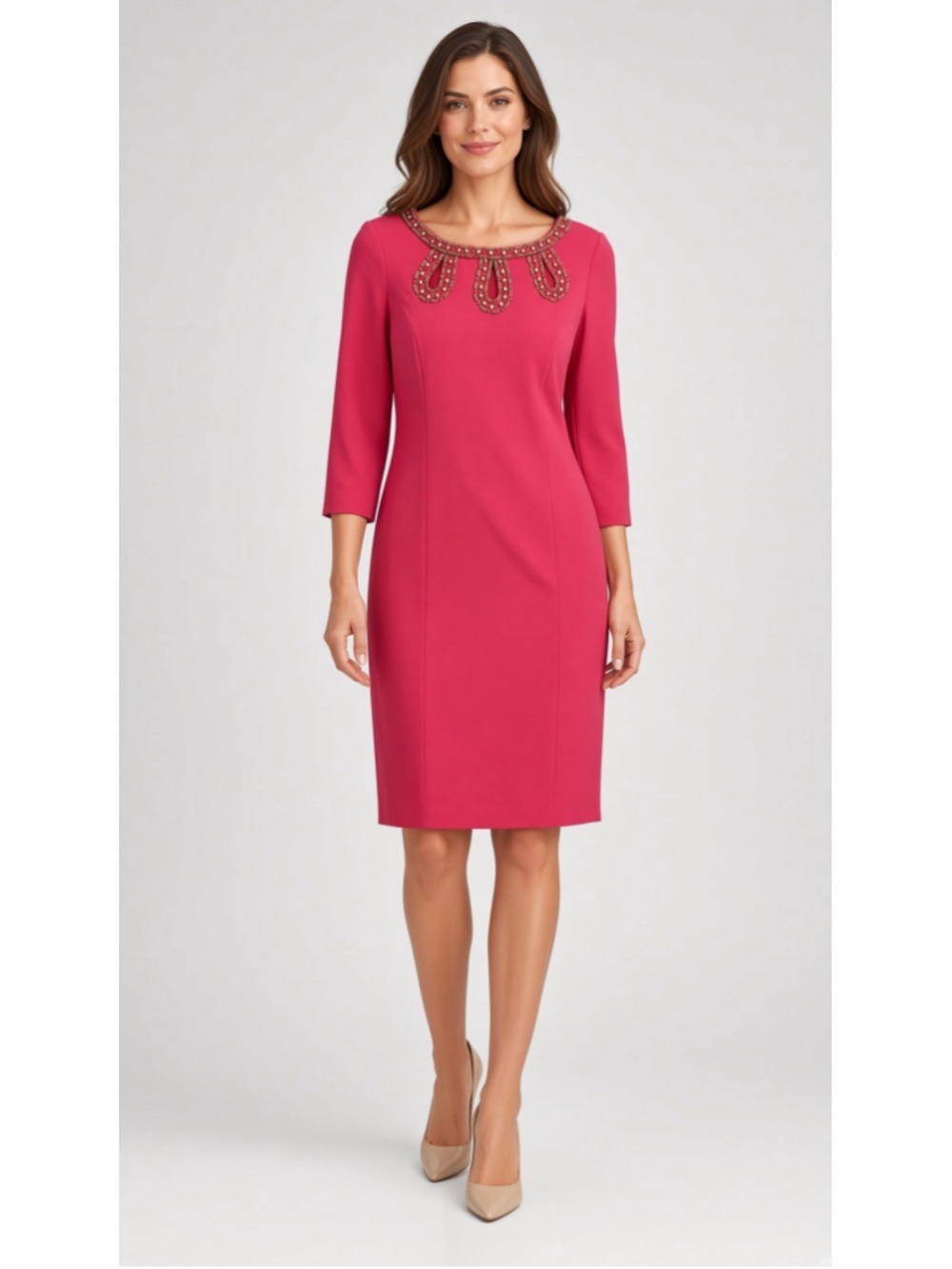 Lilly Pulitzer Pink Beaded Neckline Sheath Dress Three-Quarter Sleeve Size 6